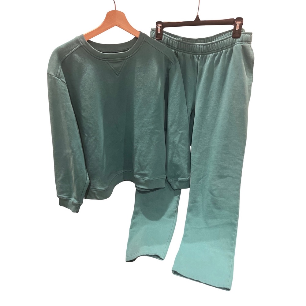 Karen Scott Sport Sweatshirt & Sweatpants Set Teal Green Fleece Lounge S/M Vtg
